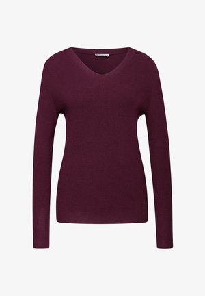 Pull en maille à col en V à manches longues de couleur violet foncé, avec une texture côtelée et des poignets ajustés.