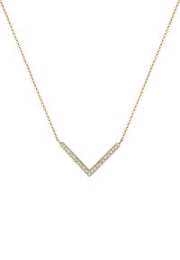 Collana d'oro con pendente a forma di V, caratterizzata da una fila di piccole pietre trasparenti lungo il bordo. Design della catena delicato.