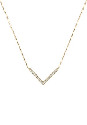 Collana d'oro con pendente a forma di V, caratterizzata da una fila di piccole pietre trasparenti lungo il bordo. Design della catena delicato.