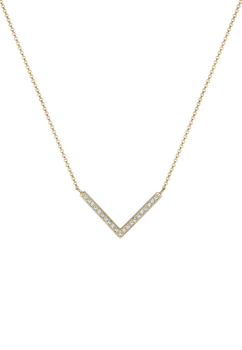 Collana d'oro con pendente a forma di V, caratterizzata da una fila di piccole pietre trasparenti lungo il bordo. Design della catena delicato.