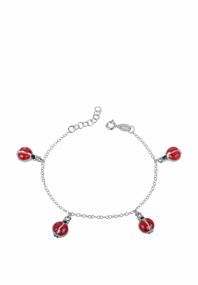Silver chain bracelet with four red and black ladybug charms evenly spaced, featuring a lobster clasp and adjustable links.