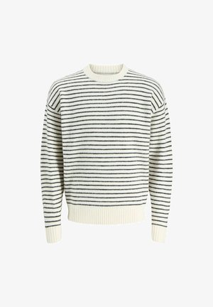 Pulover cu dungi, având o bază crem și dungi orizontale bleumarin, cu guler rotund, manșete și tiv din material striat, realizat dintr-un material moale texturat.