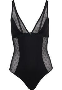 Czarny body z przezroczystymi panelami z siatki o geometrycznym wzorze, głębokim dekoltem w kształcie litery V oraz ozdobnym srebrnym akcentem na środku przodu.