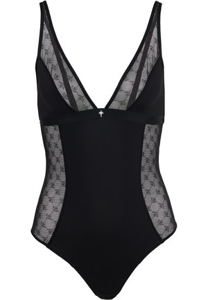 Sort bodysuit med gennemsigtige meshpaneler med et geometrisk mønster, dyb V-udskæring og en dekorativ sølvdetalje midt foran.