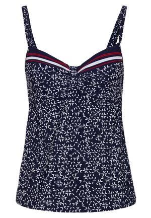 Top tankini blu navy con motivo floreale bianco, spalline sottili e dettaglio frontale arricciato. Presenta accenti a righe rosse e bianche sul colletto.