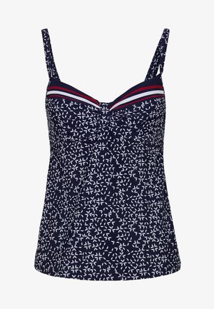 Top tankini blu navy con motivo floreale bianco, spalline sottili e dettaglio frontale arricciato. Presenta accenti a righe rosse e bianche sul colletto.