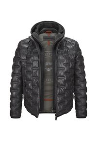 Schwarze Lederjacke mit gestepptem Muster, frontalem Reißverschluss und Kapuze. Das Innenfutter hat eine strukturierte Textur mit orangefarbenen Akzenten.