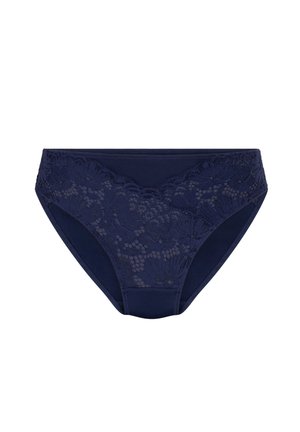Marineblauwe ondergoed met een bloemenkantontwerp op de tailleband, een gladde stoffen lichaam en een klassieke slipvorm.