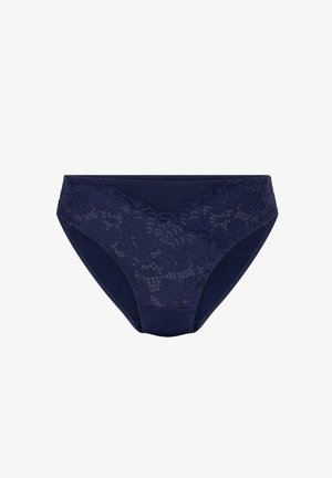 Marineblauwe ondergoed met een bloemenkantontwerp op de tailleband, een gladde stoffen lichaam en een klassieke slipvorm.