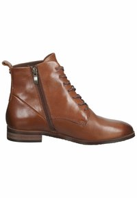 Bottine en cuir marron avec fermeture éclair latérale, lacets à l'avant, languette au talon et petit talon empilé, vue de profil.