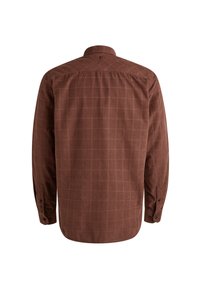 Bruin geruiten overhemd met lange mouwen en knoopmanchetten. Gemaakt van textiel met structuur, met een klassieke kraag en een hengel lus aan de achterkant.