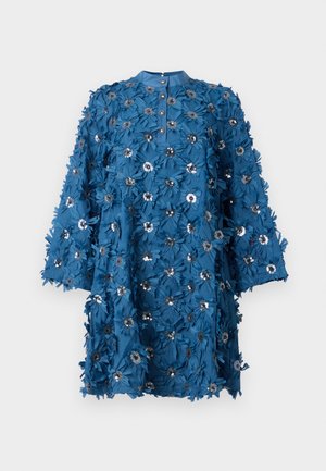 Teal dress with buttoned neckline, three-quarter sleeves, and floral appliqués. Features metallic accents and a textured, layered fabric design.