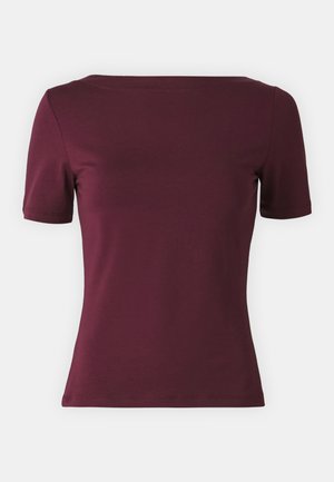 Burgundy short-sleeve t-shirt with a crew neckline, made from smooth fabric, featuring a fitted design and clean seams. No patterns or accents.