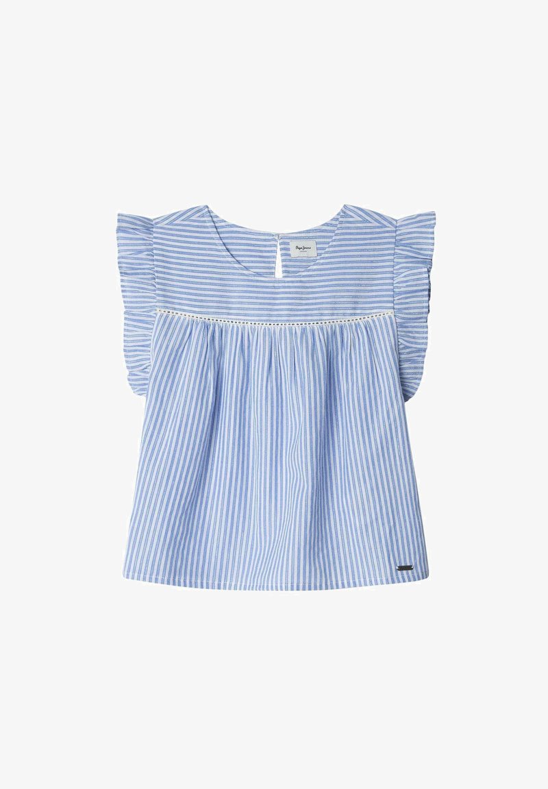 Top a righe blu e bianche con maniche corte arricciate, tessuto arricciato e dettaglio a oblò sulla schiena. Presenta un bordo decorativo lungo la vita.