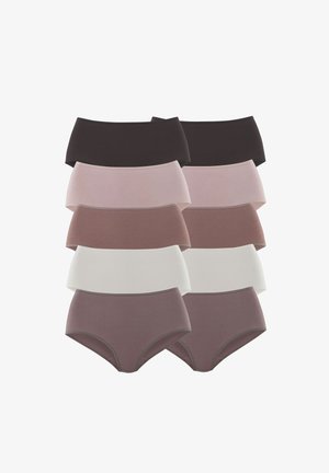Set aus acht Unterhosen in verschiedenen Farbtönen, darunter Dunkelbraun, Hellrosa, Mauve und Creme. Weicher Stoff mit glatten Texturen und elastischen Bändern.