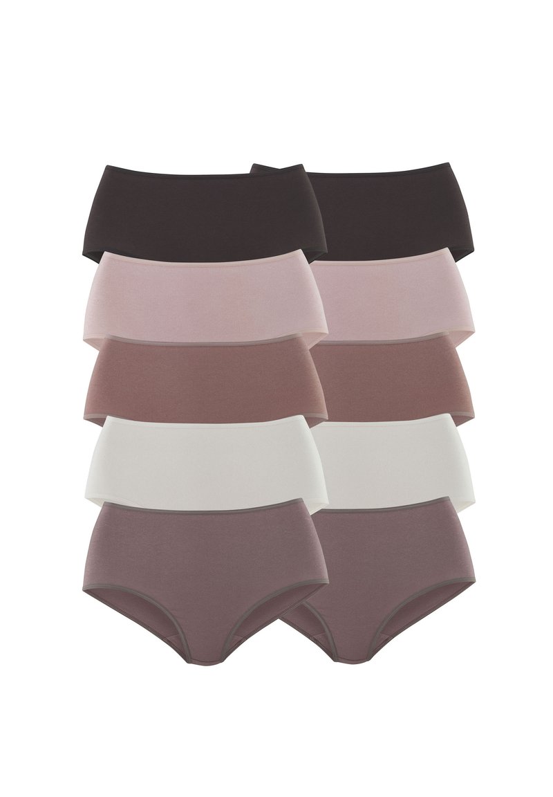 Set di otto mutande in diverse tonalità tra cui marrone scuro, rosa chiaro, malva e crema. Tessuto morbido con texture lisce e bande elastiche.