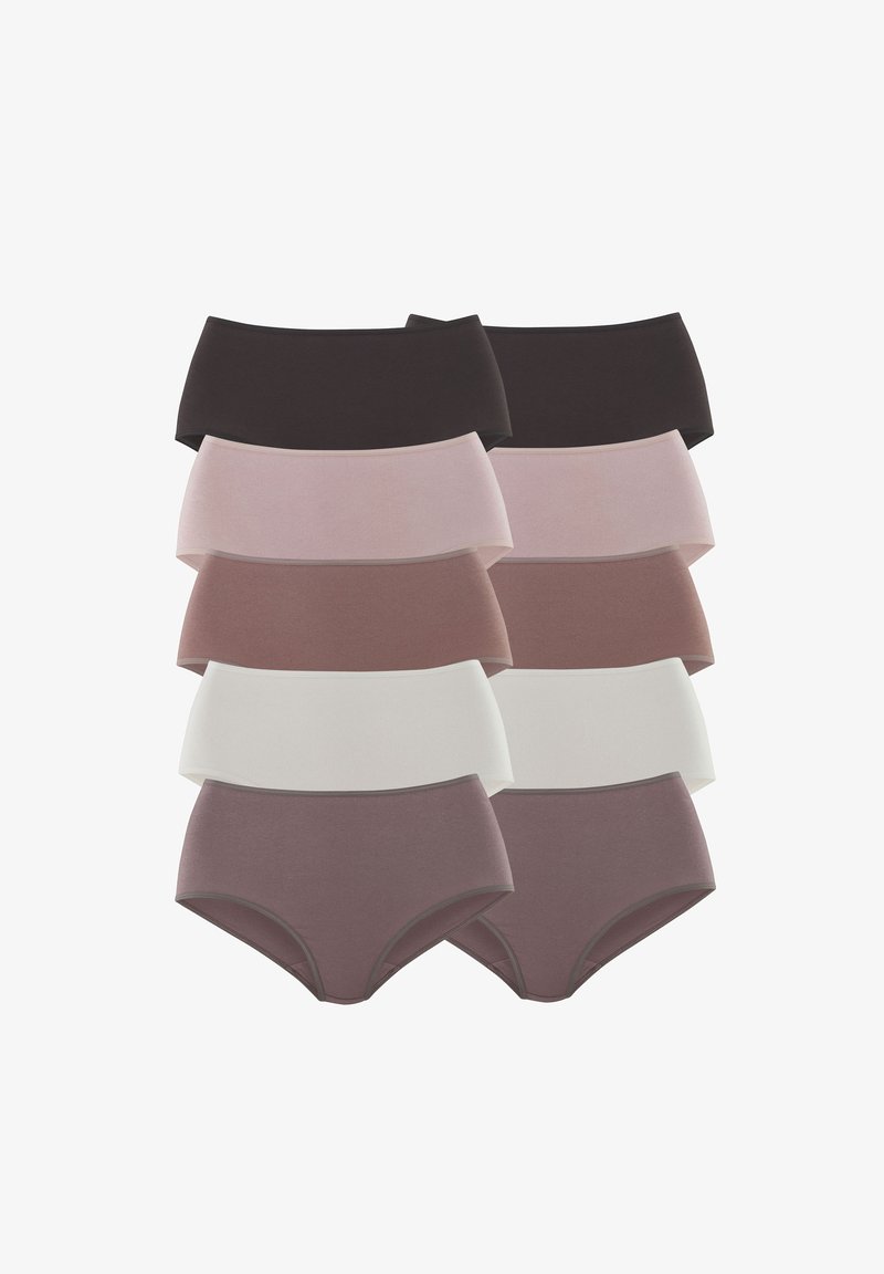 Set van acht onderbroeken in verschillende tinten, waaronder donkerrui, lichtroze, mauve en roomkleurig. Zachte stof met gladde texturen en elastische banden.