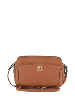 Sac bandoulière en cuir grainé marron avec poche avant, emblème logo ton or, bandoulière réglable et fermeture éclair dorée.