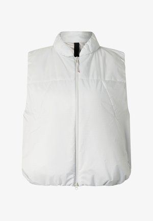 Witte mouwloze gewatteerde bodywarmer met hoge kraag en ritssluiting aan de voorkant, ontworpen voor warmte en lichtgewicht comfort.