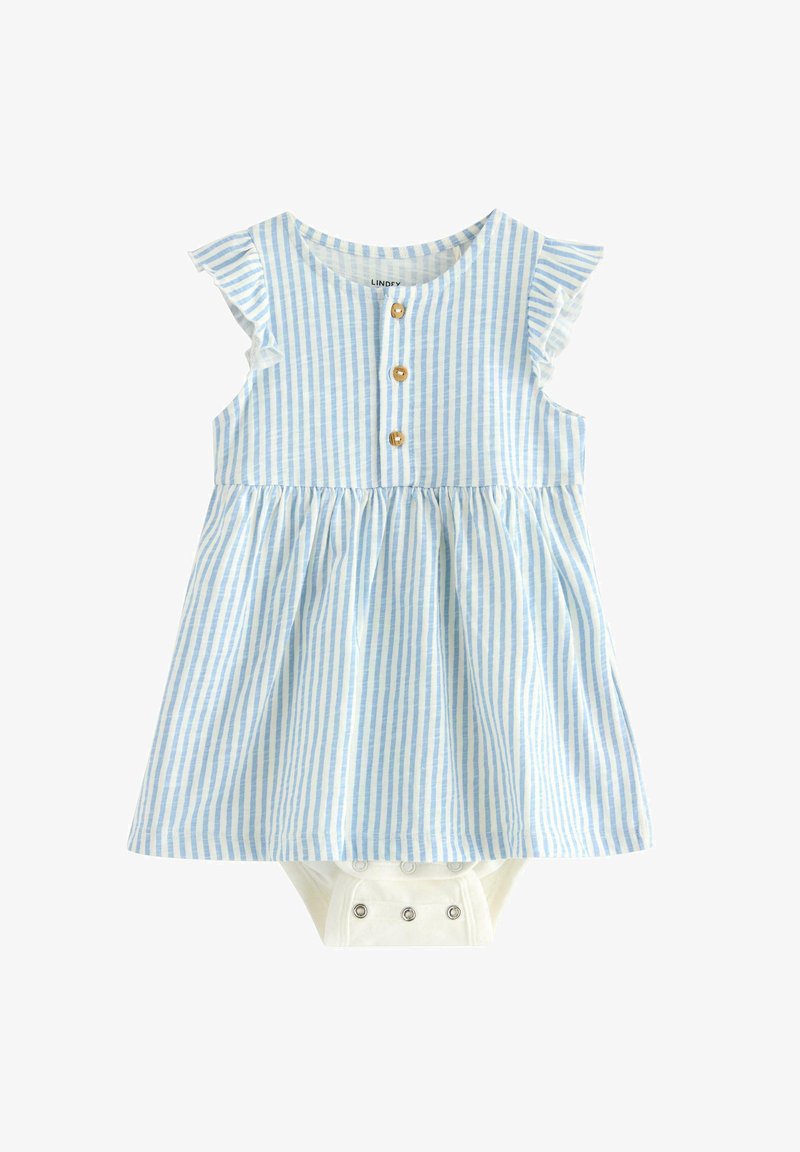 Blå og hvid stribet kjole med flæseærmer, knaplukning foran og en samlet nederdel; hvid body med trykknaplukninger nedenunder.