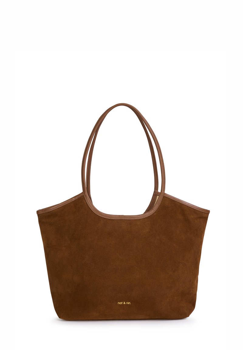 Borsa tote in suede marrone con manici doppi, bordi in pelle a contrasto, apertura superiore e discreta personalizzazione dorata sul davanti. Forma della borsa regolabile.