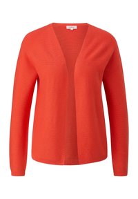 Cardigan orange vif avec ouverture sur le devant, manches longues et texture tricot simple, présenté sur fond blanc.