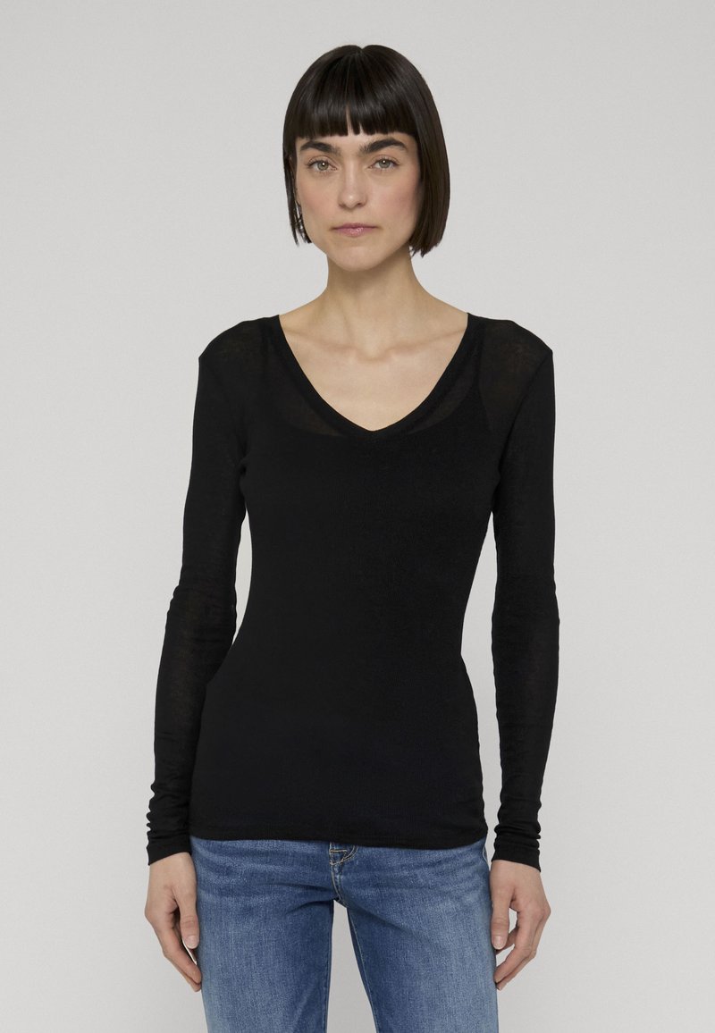 Femme aux cheveux raides et foncés portant un haut noir ajusté à manches longues et col en V, et un jean bleu, debout sur un fond clair uni.