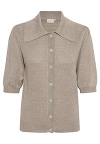 Cardigan lavorato a maglia color beige chiaro con un ampio colletto, maniche corte a sbuffo e chiusura con bottoni scintillanti. Presenta un motivo testurizzato su tutta la superficie.