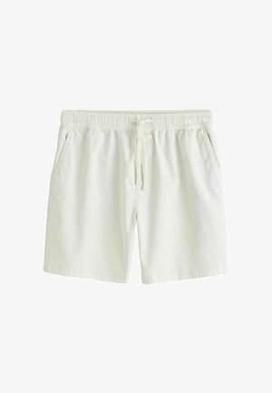 Pantaloni scurți casual albi cu talie elastică și șnur, prevăzuți cu buzunare laterale și tiv drept.