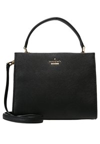 Borsa strutturata nera con esterno testurizzato, logo tono oro, manico superiore e tracolla rimovibile. Finitura liscia con linee pulite.