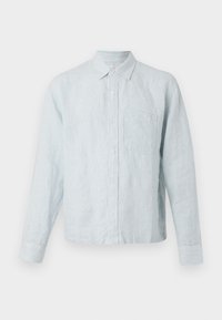 Light blue striped button-up shirt with long sleeves, single chest pocket, and a classic collar, made from a soft textured fabric.