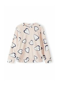 Camisa de manga larga rosa claro con patrones de corazones blancos delineados en negro, grandes y pequeños, escote redondo y textura de tela suave.