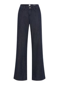 Tmavě modré širší džíny s předním zapínáním na knoflík a zip, předními i zadními kapsami a poutky na pásek.