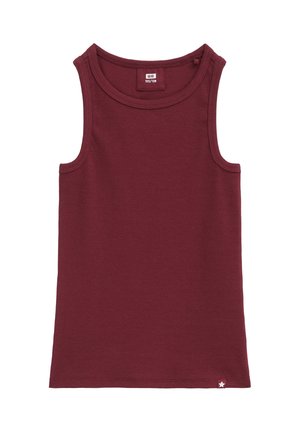 Ærmeløs ribbet tanktop i mørkerød med rund halsudskæring og en lille stjerneetiket nederst til venstre.