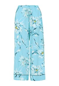 Szerokie, kwieciste spodnie w jasnoniebieskim kolorze z wzorem białych kwiatów i zielonych liści, z wygodnym elastycznym paskiem w talii.
