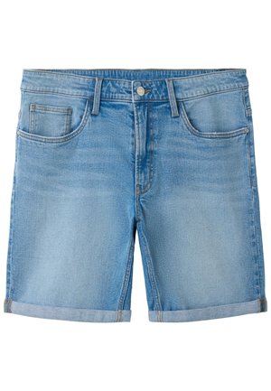 Svetlomodré riflové kraťasy s ohrnutými lemami, prednými vreckami vrátane malého vrecka na drobné, pútkami na opasok a zapínaním na gombík.