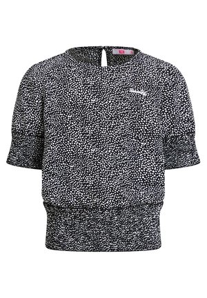 Haut noir à pois blancs, manches courtes bouffantes, encolure ronde et ourlet froncé. Présente un petit logo à l'avant.