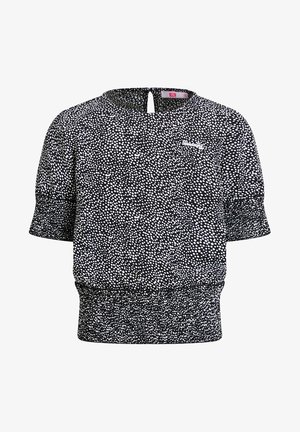 Top negro con lunares blancos, mangas cortas abullonadas, escote redondo y dobladillo fruncido. Presenta un pequeño logo en la parte delantera.