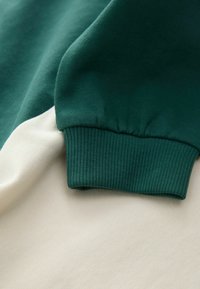 Grüner und cremefarbener Sweatshirt mit gerippten Bündchen und einer glatten Textur, ausgestattet mit einem kontrastierenden Farbblockdesign im unteren Abschnitt.