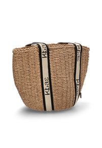 Bolso de paja tejido con forma redonda, con asas a rayas en negro y beige y un acabado natural texturizado. Cerrado con cremallera.