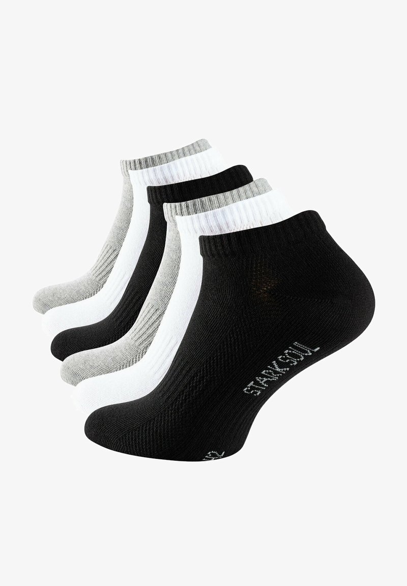 Ensemble de cinq chaussettes de cheville en noir, blanc et gris. Texture côtelée avec des bords de couleur contrastée. Logo de la marque en blanc sur les chaussettes noires.