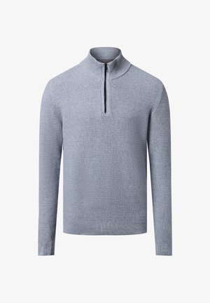 Pullover azzurro chiaro con colletto alto e chiusura a mezza zip. Il tessuto lavorato a maglia e le maniche a costine aggiungono dettagli. Maniche lunghe, corpo sagomato.