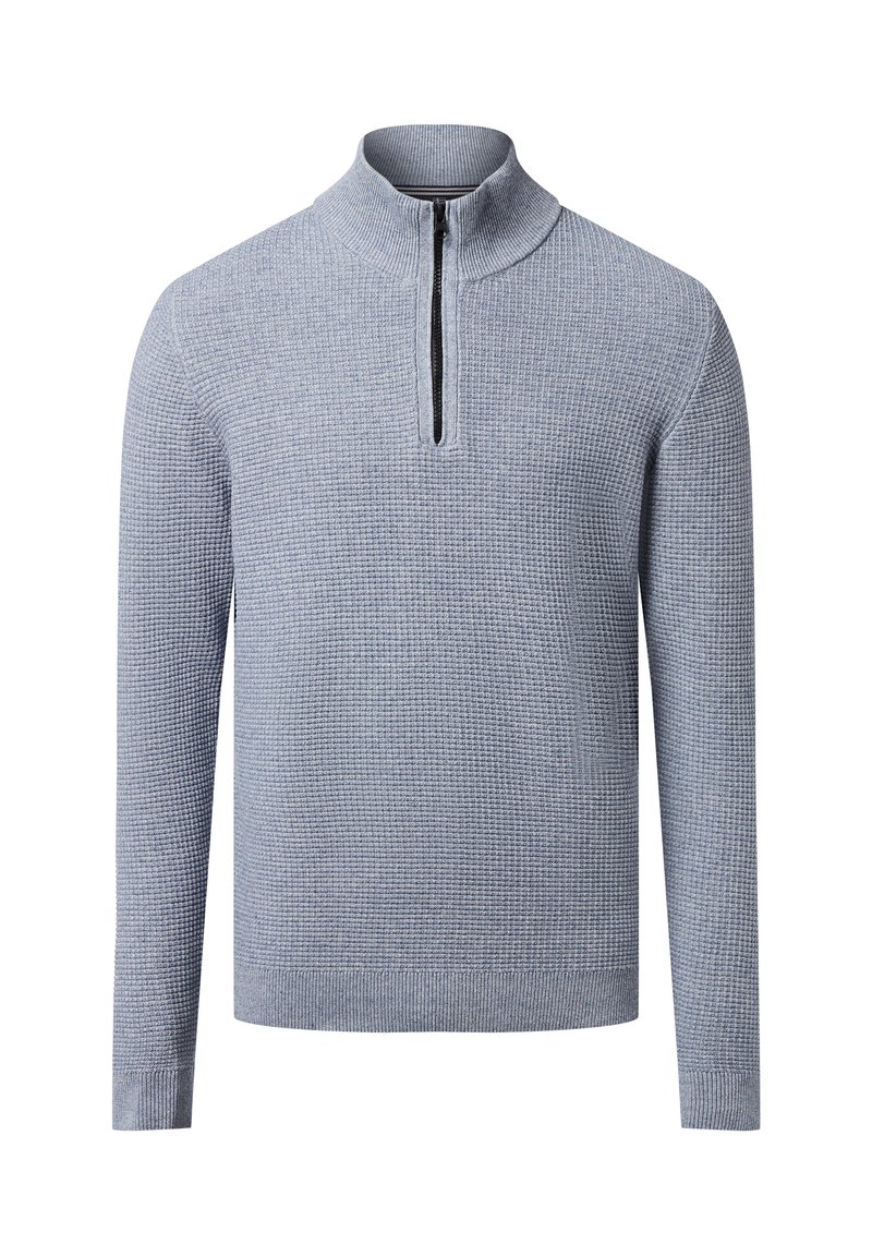 Lichtblauwe pullover met een hoge hals en een rits tot de helft. Geweven stof met textuur en geribbelde manchetten zorgen voor detail. Lange mouwen, aansluitende pasvorm.