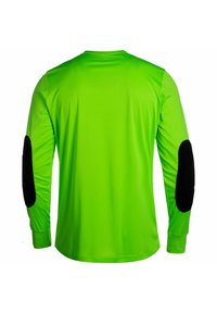 Langärmliges Torwarttrikot aus leuchtend grünem Polyester mit schwarzen, gepolsterten Ellbogenpatches. Verfügt über einen Rundhalsausschnitt und eine glatte Textur.