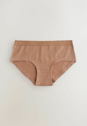 Bomuldsblanding hipsterundertøj i en lys tan-farve med en blød elastisk talje, der har mærkenavnet "NEXT" broderet.