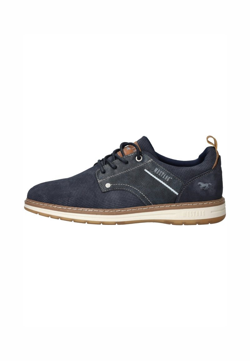 Navy blue sneaker with a textured fabric upper, leather accents, and white stitching. Features a rubber sole and logo detail on the side.