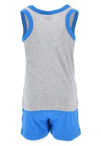 Gray tank top with blue trim and matching blue shorts. Soft texture, casual design, sleeveless cut, and elastic waistband.