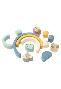 Colorful wooden stacking blocks in various shapes, featuring animal designs and soft pastel colors, including blue, green, yellow, and cream.
