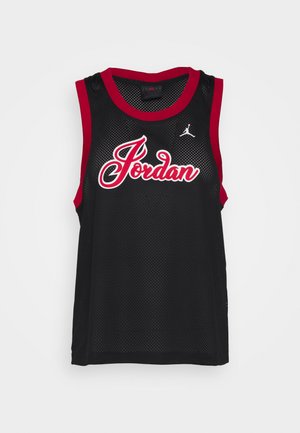 Camiseta sin mangas de malla negra con detalles rojos y la palabra "Jordan" en fuente cursiva blanca. Presenta un diseño sin mangas y cuello redondo.