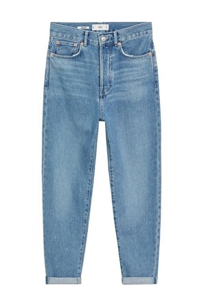 Hellblaue Jeans aus Denim mit hoher Taille, Frontknopf- und Reißverschluss, fünf Taschen und aufgerollten Bündchen an den Knöcheln.